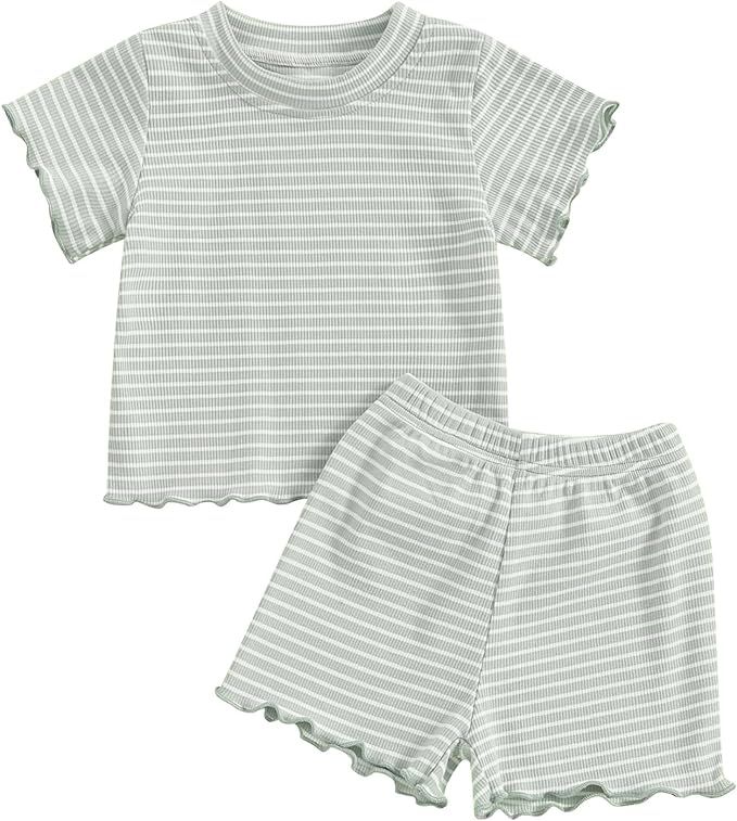 Mandizy Toddler Baby Girl Clothes Summer Ribbed Knit Ruffle Short Sleeve Striped Print T-Shirt To... | Amazon (US)