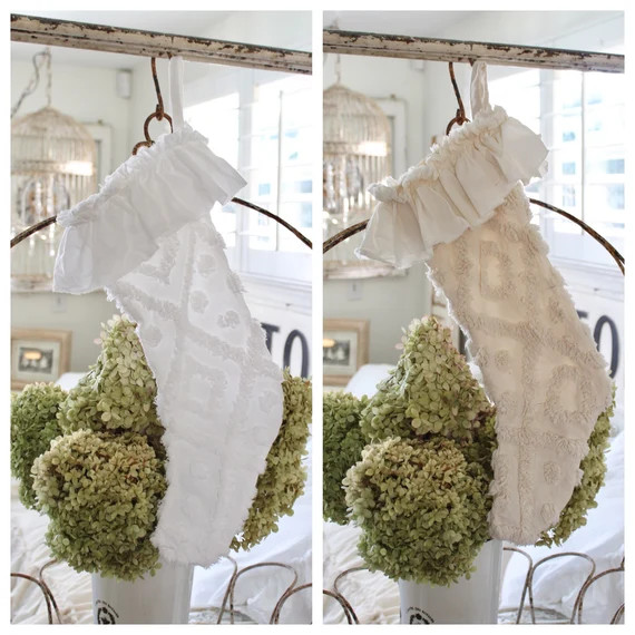 Chenille Ruffled Christmas Stocking | Shabby Chic Christmas Stocking | Chenille Stockings | Farmh... | Etsy (US)