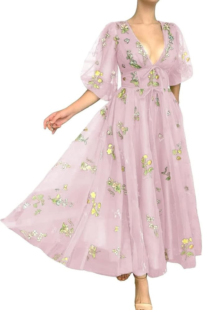 Smileven Women's Puffy Sleeve Prom Dresses Flower Embroidery Tulle Formal Evening Party Gowns | Amazon (US)