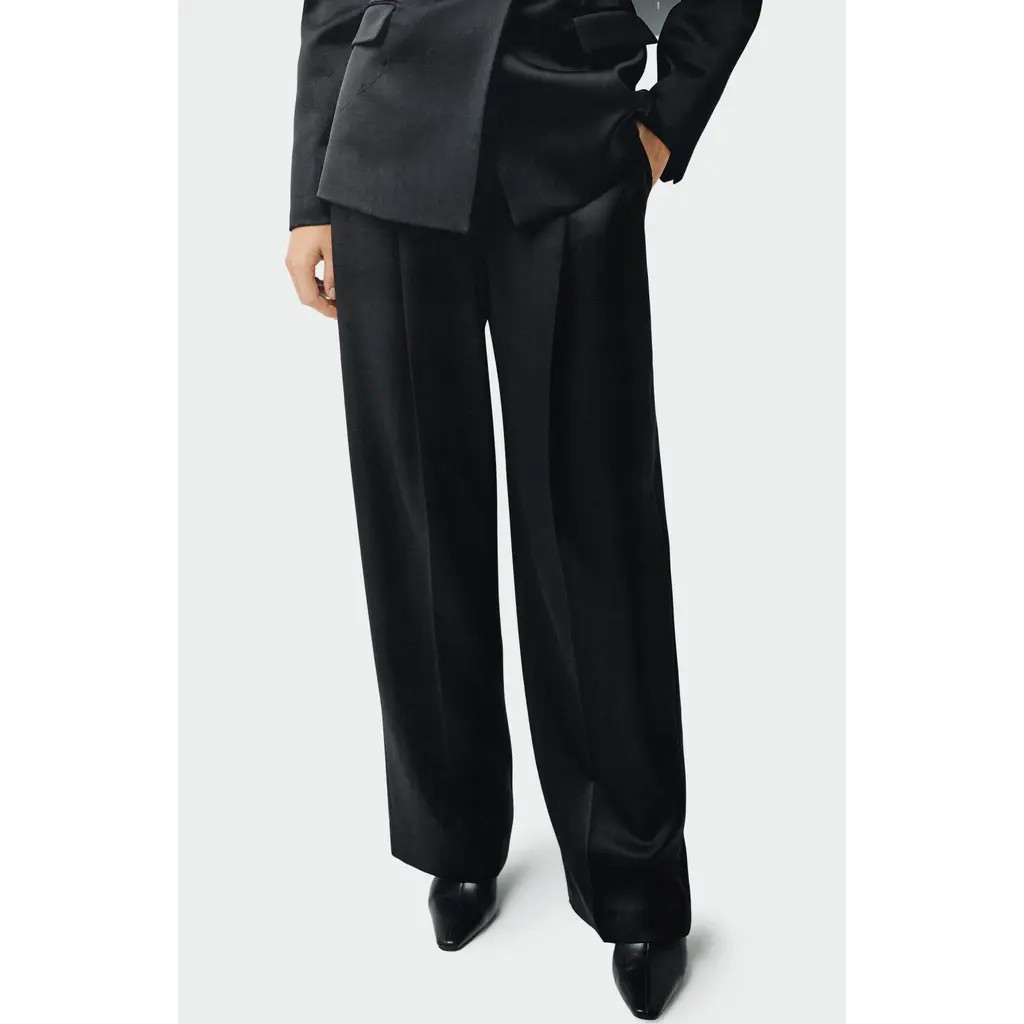 MANGO Pleated Satin Pants in Black at Nordstrom, Size 4 | Nordstrom