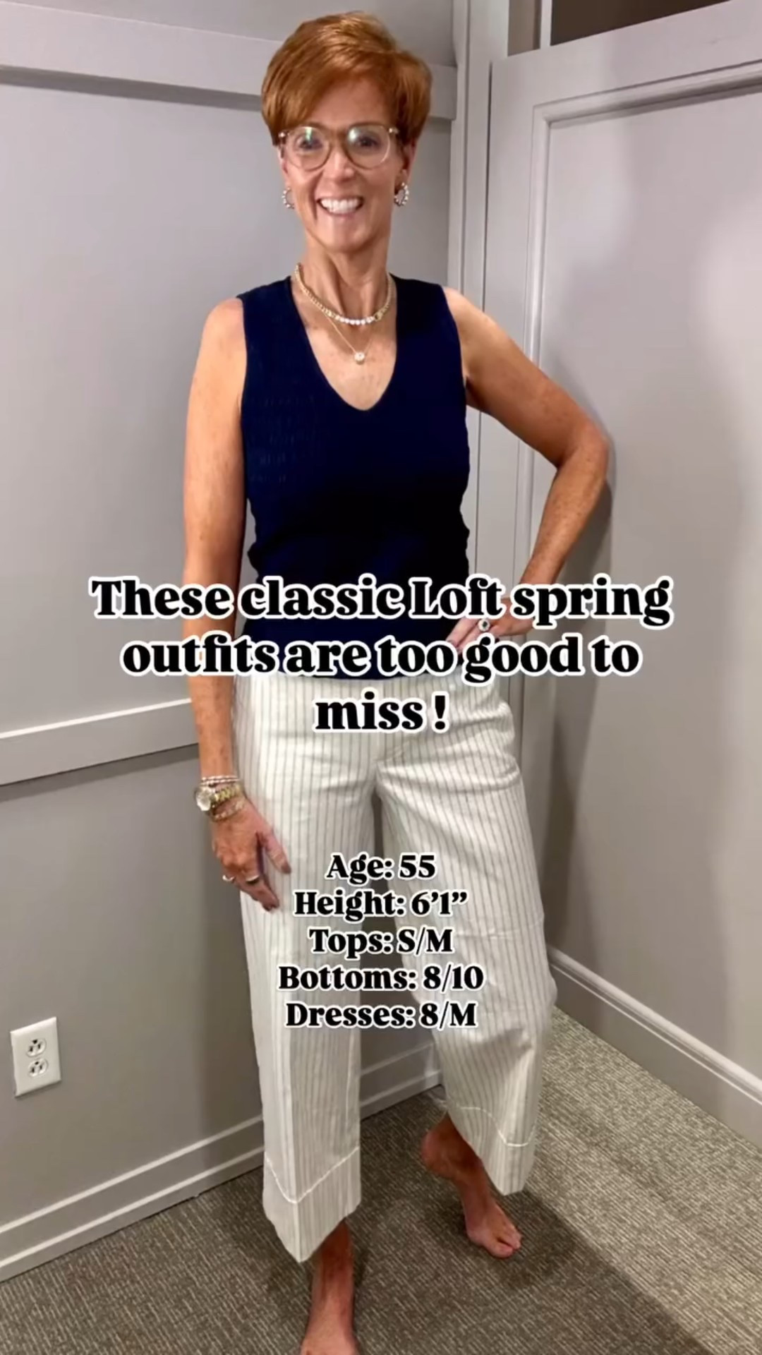 This look is from LOFT. Remember, the best place to see all things LOFT is in my LOFT storefront, linked in my Instagram bio. 
✨Classic Spring Style You’ll Actually Wear✨
 #ad #LoftPartner #LoftCreator #SponsoredbyLOFT #loveloft
 Welcome to Reel 1 of my Loft Spring Try-On Series!

If you love elevated, everyday outfits that are chic without trying too hard, you’re in the right place. This reel features:
 🌀 A navy smocked sleeveless top with cream + navy striped linen pants 🌀 The coziest navy cardigan for chilly mornings 🌀 A sage green short-sleeve sweatshirt + wide-leg pant set that’s casual but classy 🌀 And a cream split-neck top paired with matching pants you’ll want to live in

These are the kinds of versatile, feel-good pieces perfect for women over 40 who want to look put together with minimal effort.

SHOP MY LOFT STOREFRONT FOR ALL THINGS LOFT! 

🎯 Follow @atalldrinkofstyle for the full 4-part try-on series! 📌 Save this reel to plan your spring wardrobe 💬 Comment “LOVE” if you’d wear these neutrals too 📲 Tag a friend who needs comfy-chic outfit inspo!
Let’s keep building timeless, elevated wardrobes together. And yes—you can shop all these pieces via the link in bio 💙

#LoftTryOnHaul #SpringStyleOver40 #EverydayElevated #ClassicStyleForWomen #TallFashionOver40

#LTKOver40 #LTKFindsUnder100 #LTKWatchNow