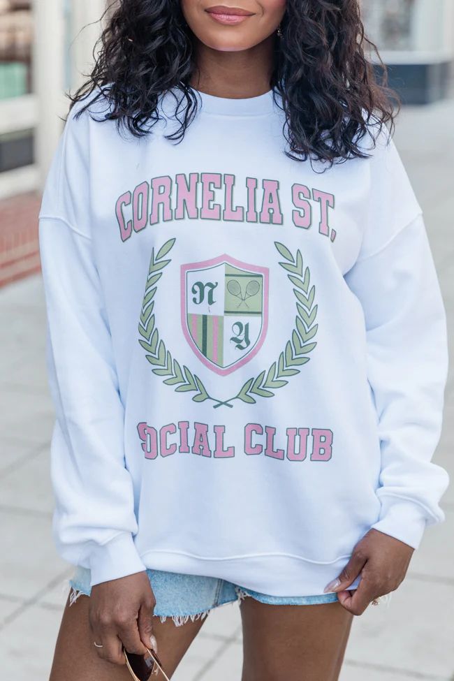 Cornelia Street Social Club White Oversized Graphic Sweatshirt DOORBUSTER | Pink Lily