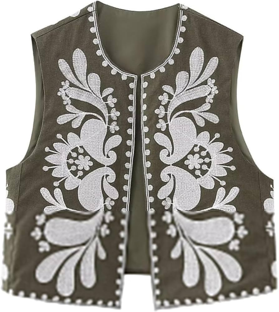 Women's Vintage Embroidered Floral Vest Y2k Sleeveless Linen Open Shirt Blouse Fashion Crochet Fl... | Amazon (US)