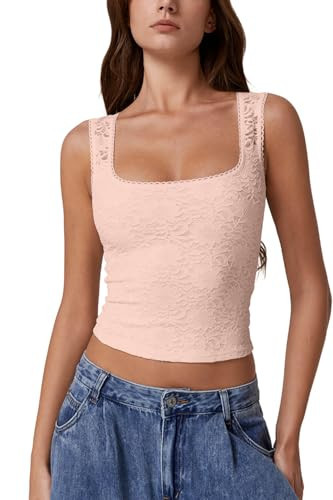 QINSEN Womens Soft Stretchy Lace Trim Tank Top Full Back Square Neck T Shirt Crop Top Pink M | Amazon (US)