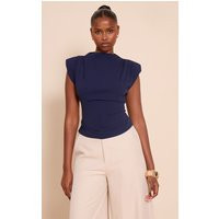 Navy Shoulder Pad Pleated Boat Neck Top, Blue | PrettyLittleThing UK