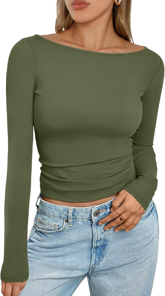 Trendy Queen Women's Boat Neck Tops Long Sleeve Shirts Casual Fitted Tee Shirts Solid Color Fall ... | Amazon (US)