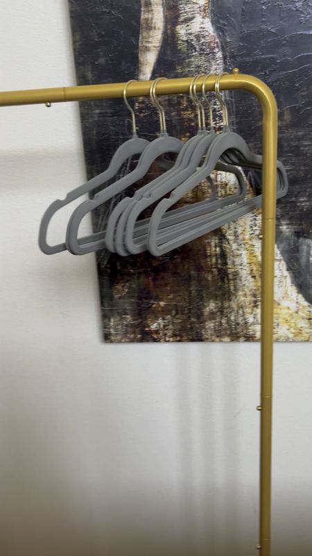 Gold garment rack and gray velvet hangers. 

#LTKFindsUnder50 #LTKVideo #LTKHome