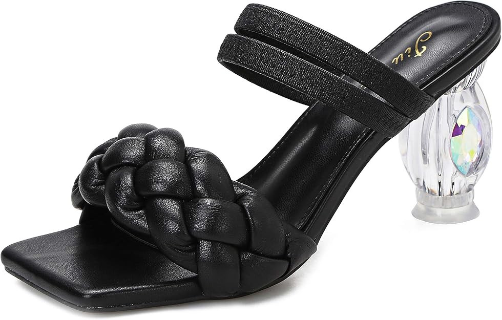 Jiu du Women's Braided Heeled Sandals Square Open Toe Strappy Dress Backless Pumps Mules Slip On ... | Amazon (US)