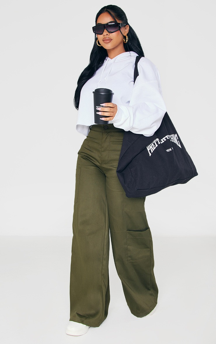 Petite Khaki High Waisted Wide Leg Cargo | PrettyLittleThing UK