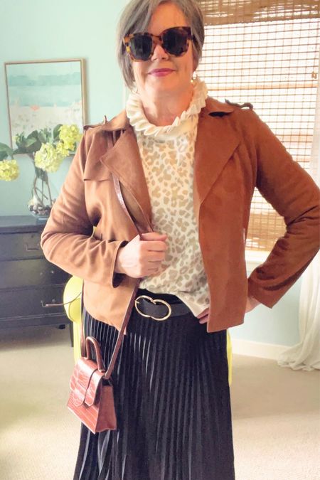 Pleated skirt, suede jacket, animal print sweatshirt, black belt, crossbody purse and suede shoes 
#fashionover50 #classicstyle #whattowesr #chicatanyage #outfitinspo #styledbyme 

#LTKstyletip #LTKover40