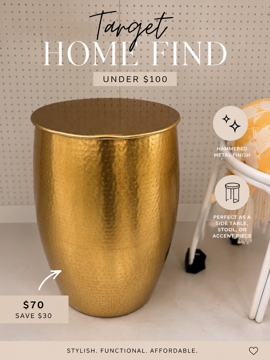 Target really understood the assignment with this one ✨

This hammered gold accent table is giving designer look without the designer price tag. Use it as a side table, plant stand, or statement piece in any room.

And for $70? I’m adding to cart before it disappears. 🤎

#LTKHome #LTKmomlife