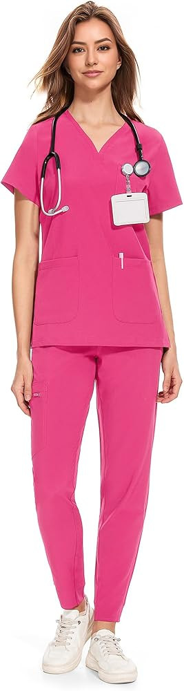 COZYFIT Medical Scrubs for Women Set - Curved V-Neck Scrub Top & Jogger Pants with 8 Pockets | Amazon (US)