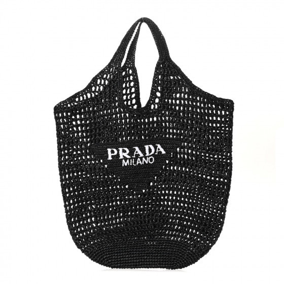 PRADA Raffia Embroidered Logo Shopping Bag Black | FASHIONPHILE (US)