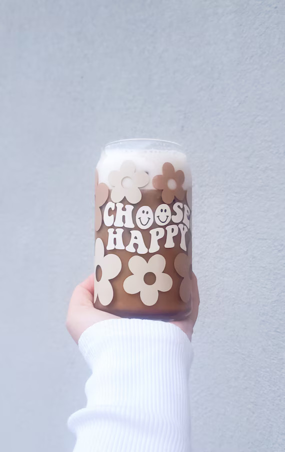 Glass Can  Retro Daisy Iced Coffee Cup  Neutral Decor | Etsy | Etsy (US)