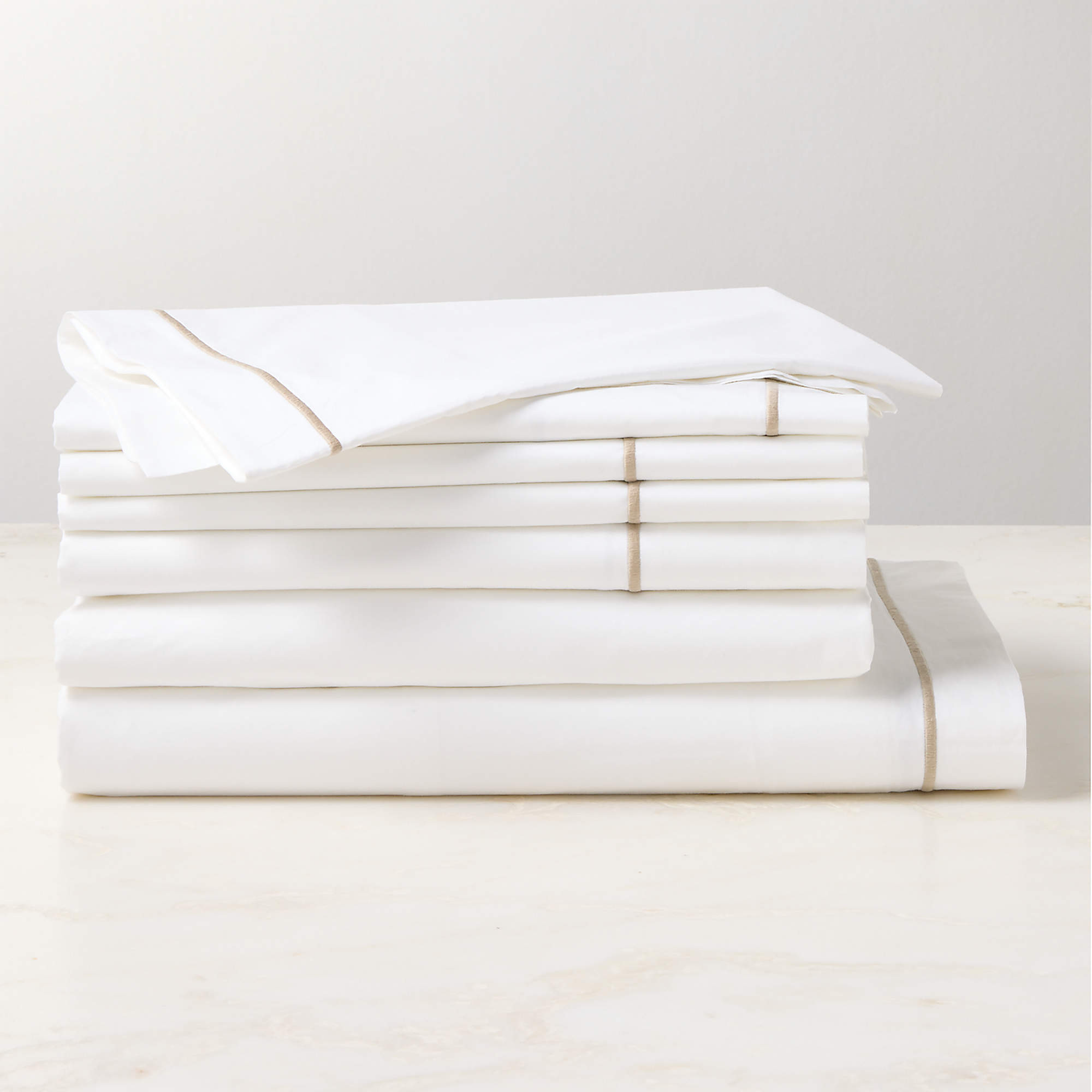 Marisal Organic Cotton Percale 400 Thread Count White with Taupe King Bedding Set + Reviews | CB2 | CB2
