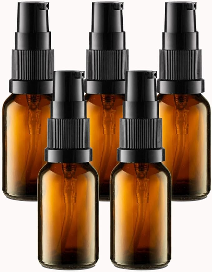 5 Pack Empty Refillable Glass Amber Pump Bottle Ideal for Lotion Cream Essential Oil Travel Small... | Amazon (US)