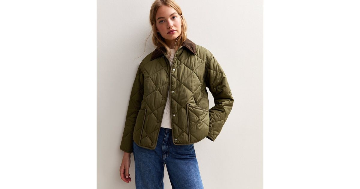 Khaki Corduroy Collar Quilted Jacket | New Look | New Look (UK)