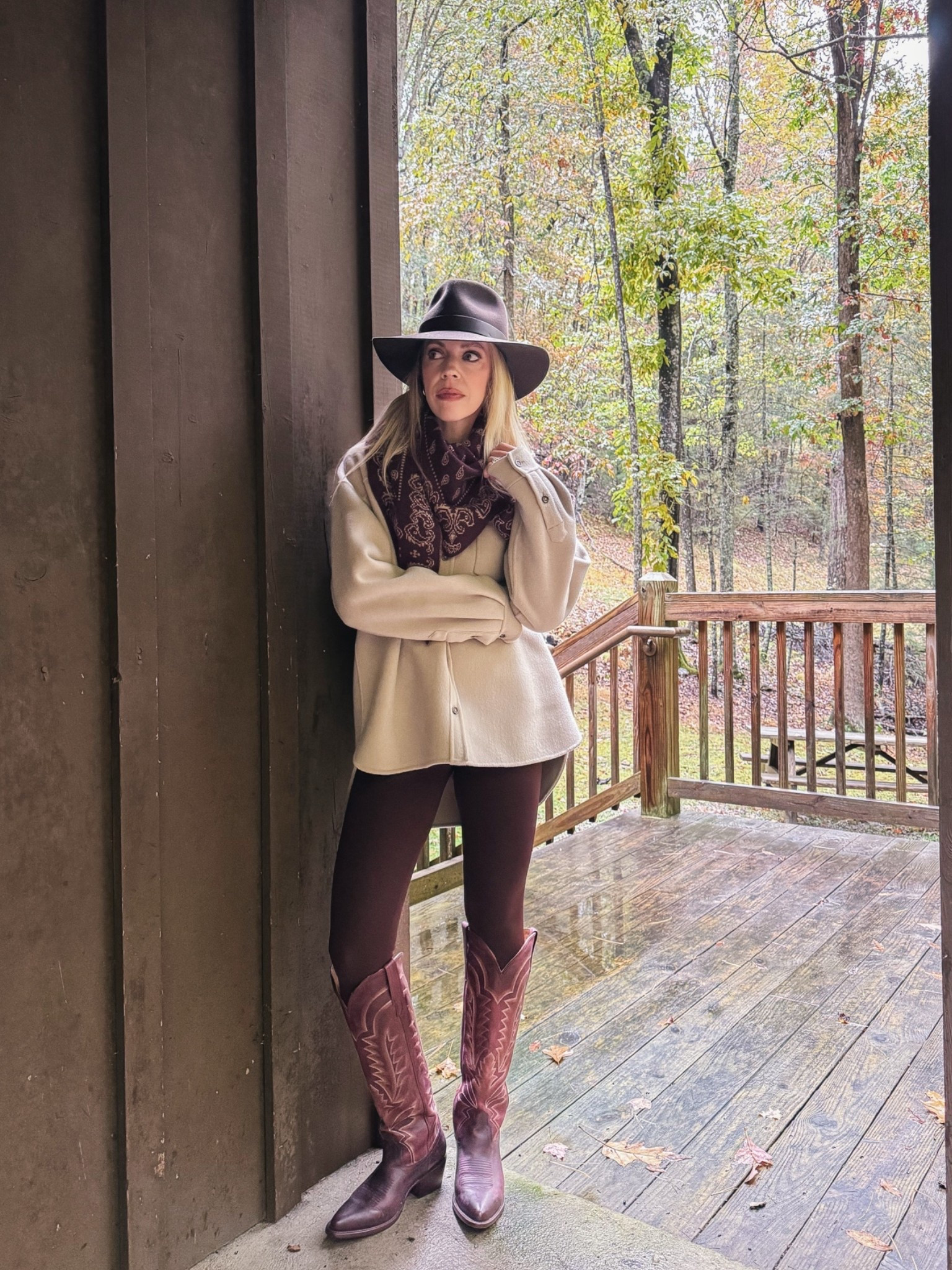 Casual fall outfit, fall cabin look, @Janessa Leone wool hat, @Guest In Residence bandana scarf, @Tecovas burgundy cowboy boots
