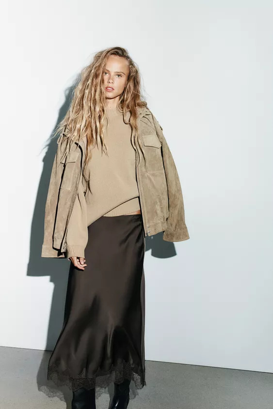 SATIN EFFECT LACE MIDI SKIRT | Zara US