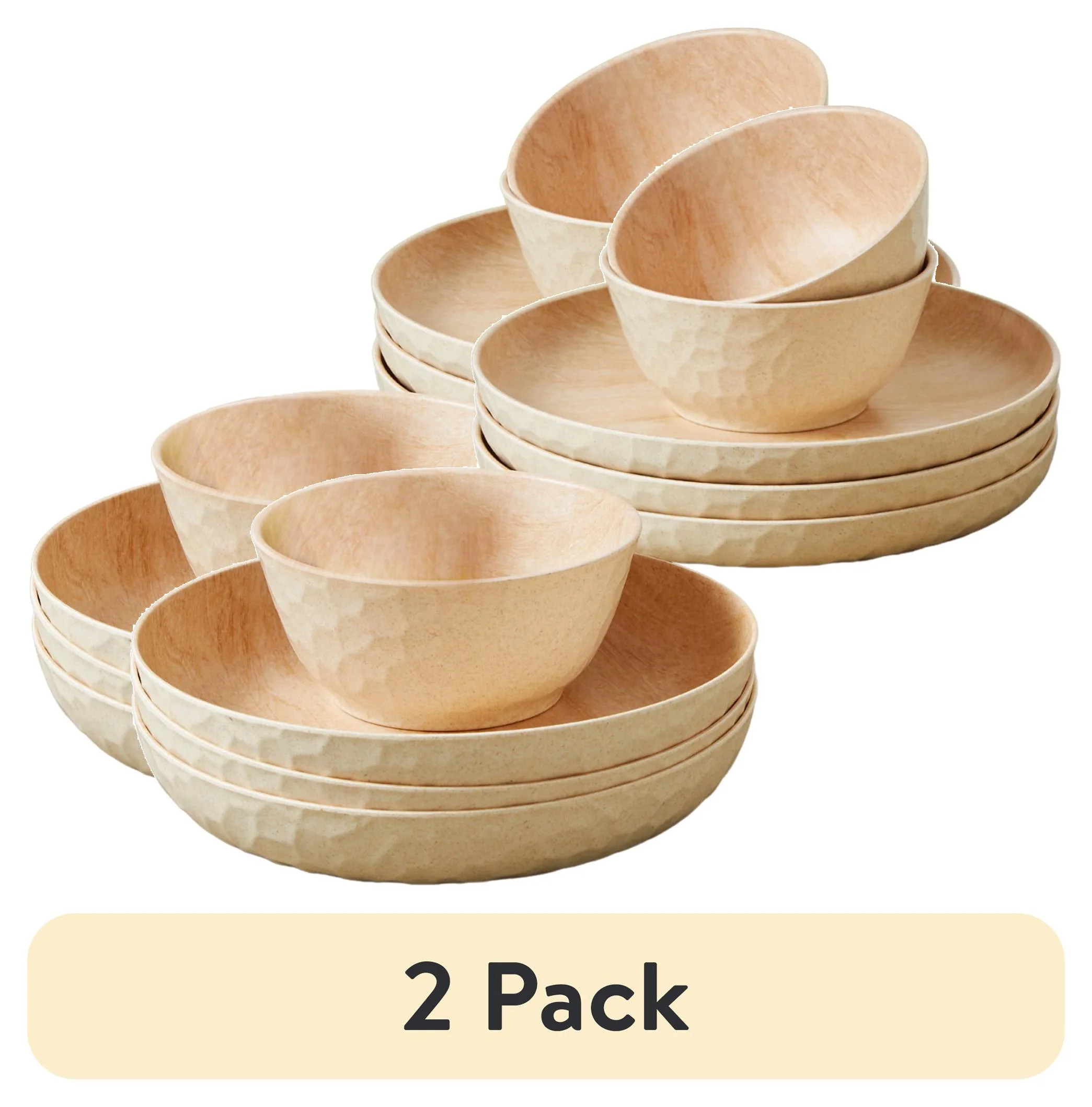 (2 pack) Better Homes & Gardens 12-Piece Bamboo Melamine Dinnerware Set, Faux Brown Wood | Walmart (US)