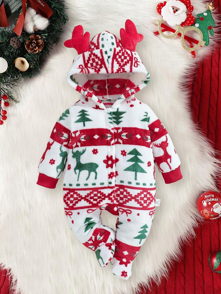 TrendsBaby Girl Christmas Themed Plush Long Sleeve Footed Jumpsuit Home Outfit Set | SHEIN