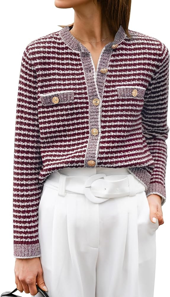 ANRABESS Women's Striped Cardigan Sweaters Casual Long Sleeve Open Front Button Down Knit Cropped... | Amazon (US)