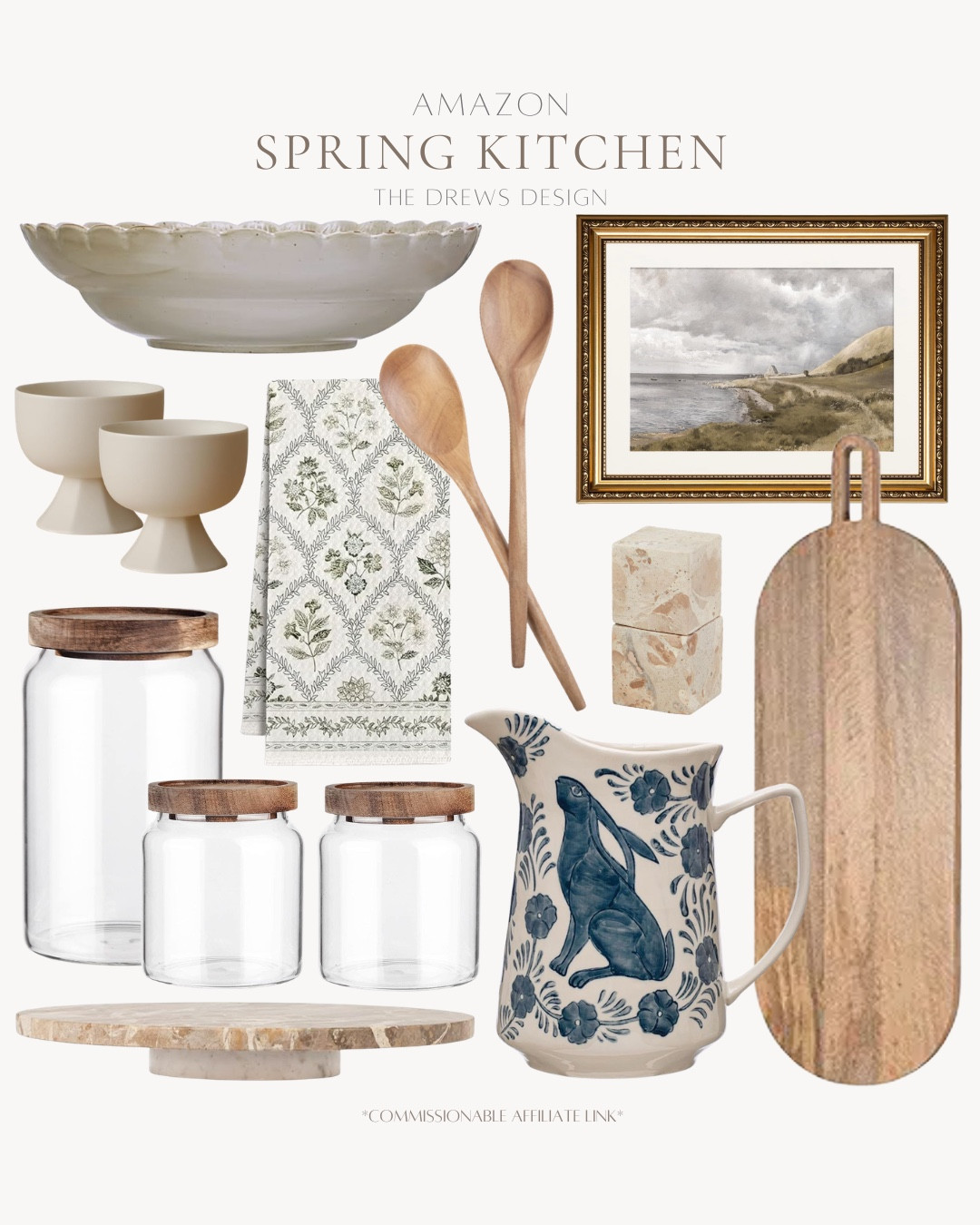 Spring kitchen finds include charcuterie board, wall art, salt and pepper shakers, pitcher, tray, canisters, kitchen towels, wooden spoons, bowls.

Home decor, kitchen decor, spring kitchenn

#LTKvlog #LTKSaleAlert #LTKHome