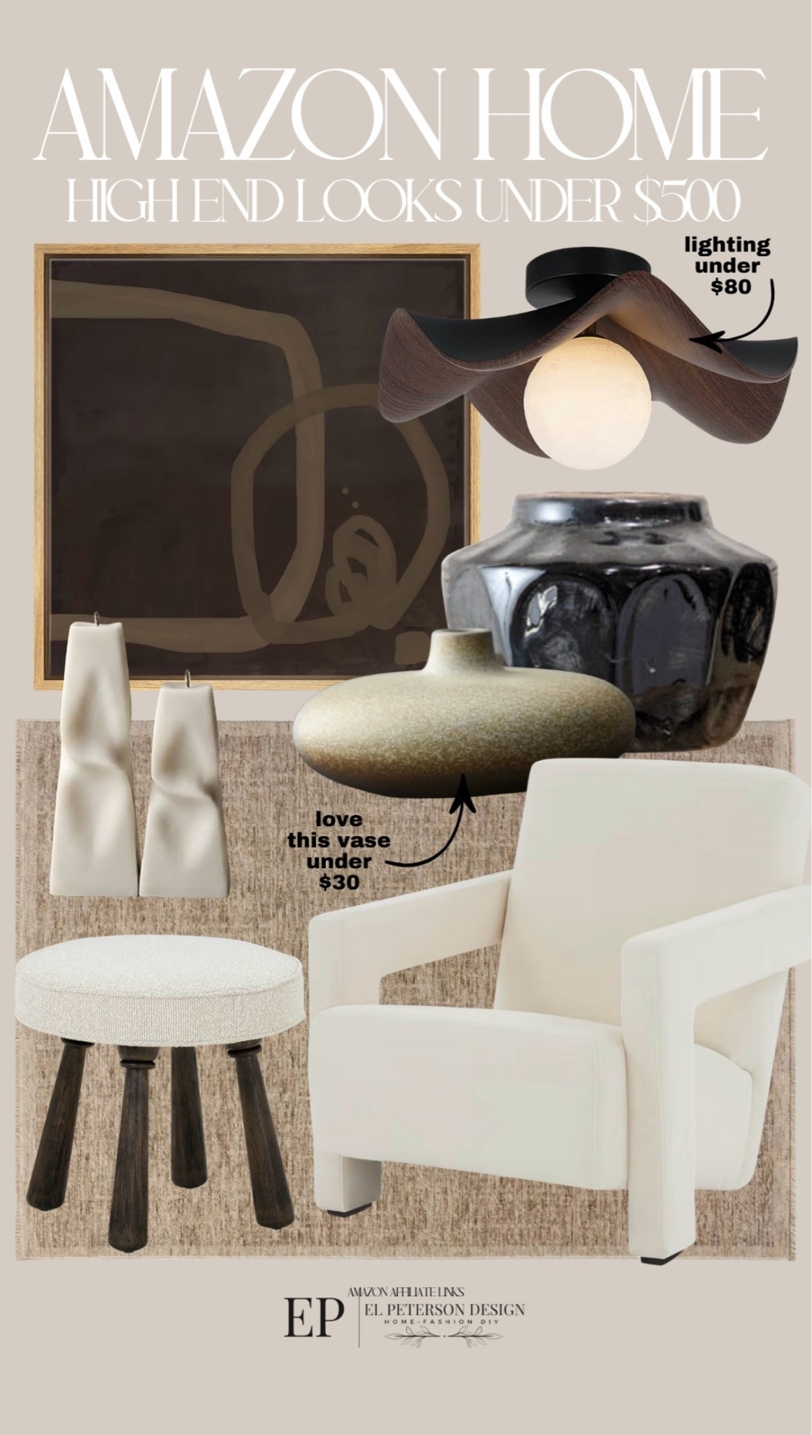 Amazon
Artwork
Rug
Accent chair
Stool
Vase
Candle holder
Flush mount light

#LTKHome