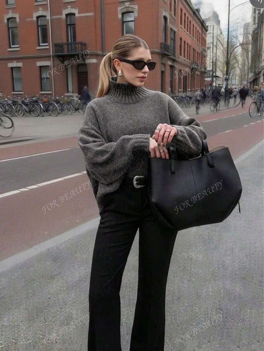 FOR BEAUTY Women's Autumn/Winter New Solid Color High Neck Light Simple Commuting Style Sweater, ... | SHEIN