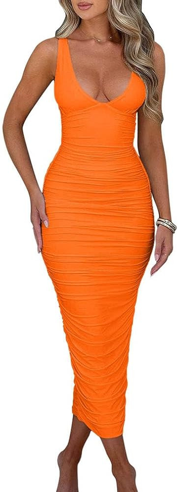 BEAGIMEG Women's Sexy Ruched Sleeveless Deep V Elegant Cocktail Evening Party Maxi Dress | Amazon (US)