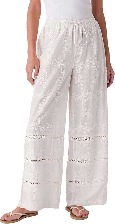 Women's Wide Leg Pants Casual Drawstring Elastic Waist Lace Palazzo Pants with Pockets | Amazon (US)