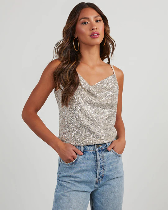 Diamond Girl Sequin Cowl Neck Top | VICI
