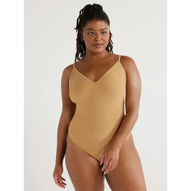 Love & Sports Women's Metallic V-Neck One-Piece Swimsuit with Adjustable Straps, Fawn Beige, Size... | Walmart (US)