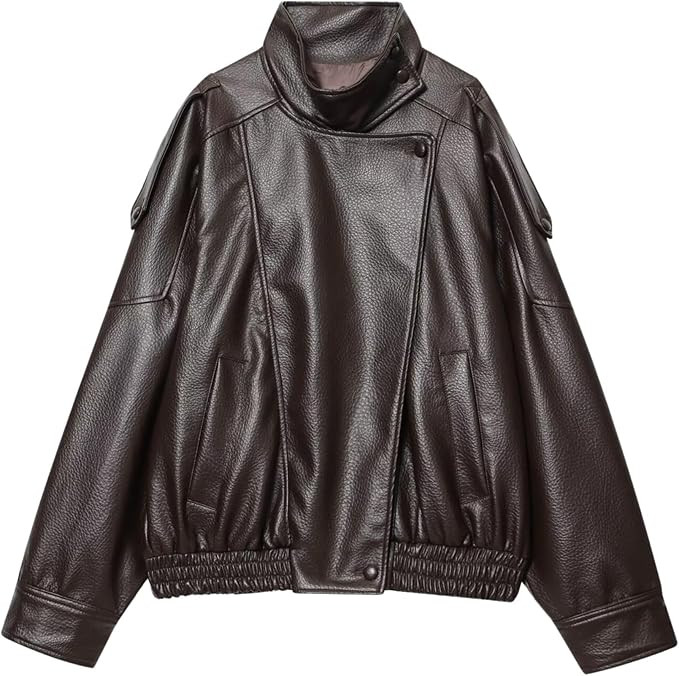 FindThy Women’s Oversized Faux Leather Jacket Casual High Collar Long Sleeve Zip Up Fall Fashio... | Amazon (US)