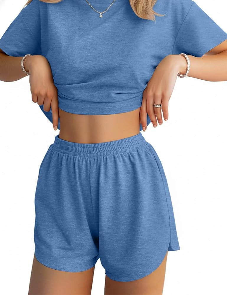 JUSTFASHIONNOW Womens Pajama Sets Shorts Striped Print Two Piece Lounge Sets Crew Neck Sleepwear ... | Amazon (US)