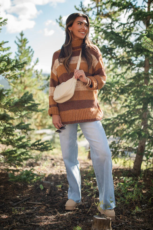 What I Need Brown Multi Oversized Stripe Turtleneck Sweater SALE | Pink Lily