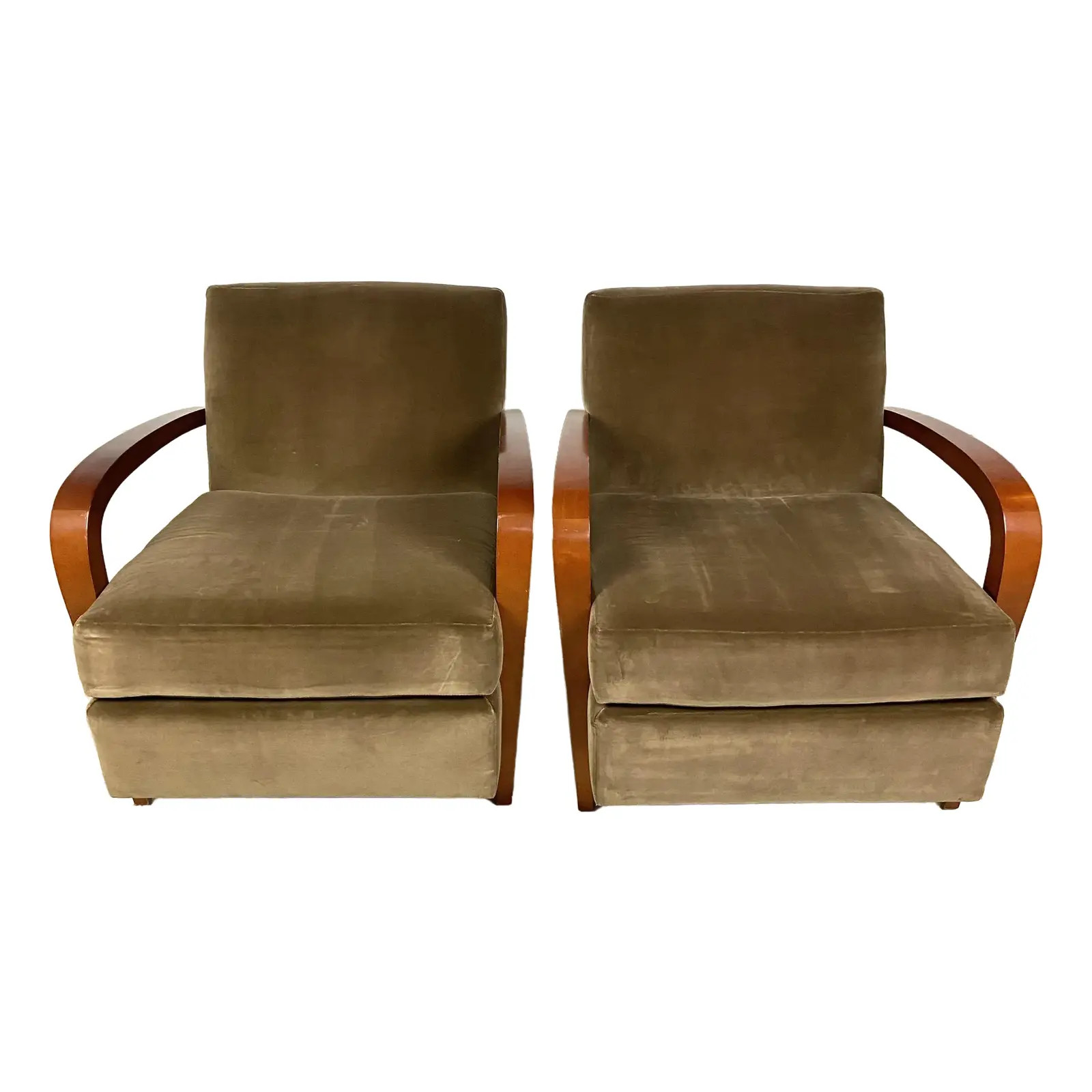 Late 20th Century Hbf Velvet Lounge Chairs With Curved Cherry Finished Arm and Back - a Pair | Chairish