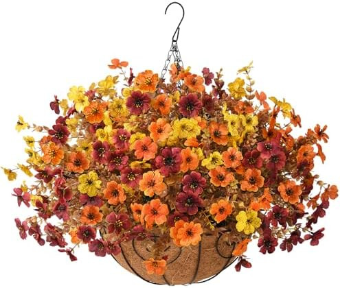 Artificial Fake Hanging Baskets Fall Flowers for Outdoors Decoration | Faux Silk Orange Yellow Br... | Amazon (US)