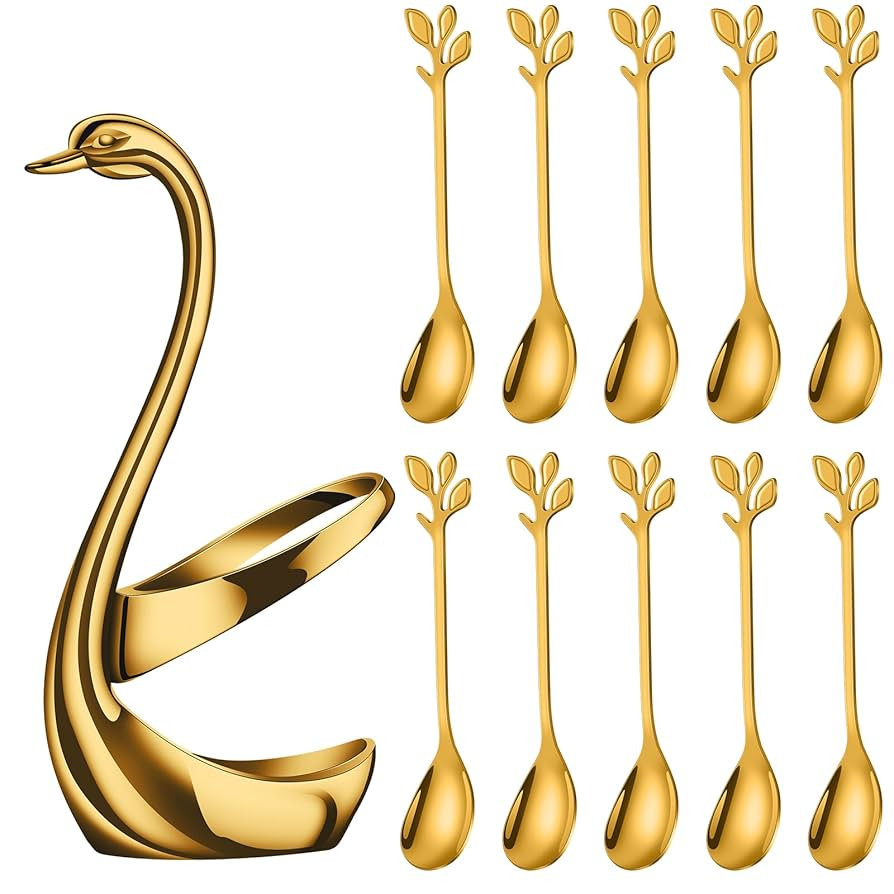 AnSaw Juego de soporte para cuchara de café pequeña dorada, base de cisne con 10 cucharas de ca... | Amazon (US)