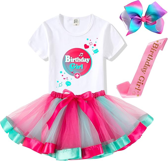 Tutu and Sian Birthday Girl Outfit Party Costume – Hair Bow, Shirt, Tutu Dress, Satin Sash | Amazon (US)