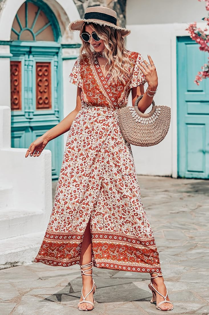 PRETTYGARDEN Women Boho Summer Side Split Deep V Neck Short Sleeves Maxi Dress with Belt | Amazon (US)