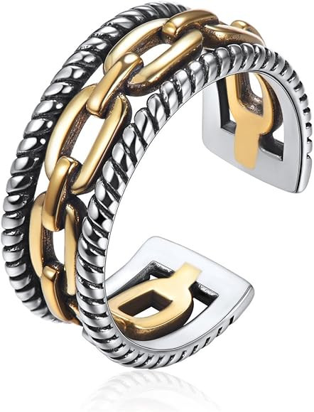 ChicSilver Retro Cuban Link Chain/Criss Cross Rings 925 Sterling Silver and Brass Oxidized Ring O... | Amazon (US)