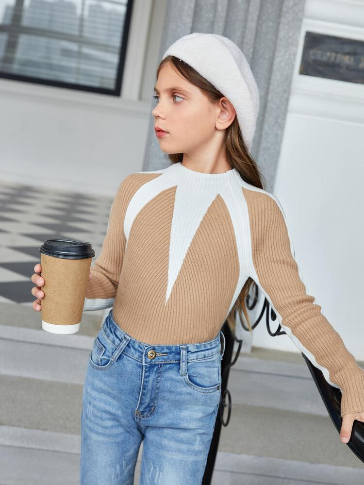 Girls Colorblock Raglan Sleeve Ribbed Knit Sweater | SHEIN