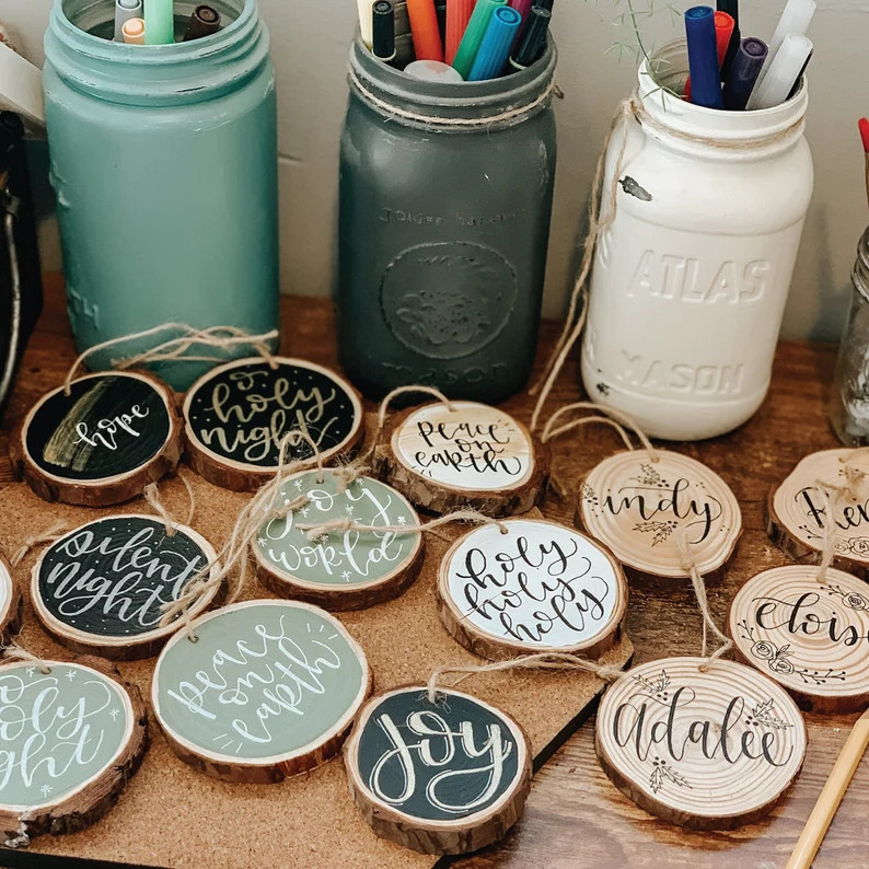 Custom Hand Lettered Wood Ornaments | Hand Painted Wood Slice Rounds - Etsy | Etsy (US)