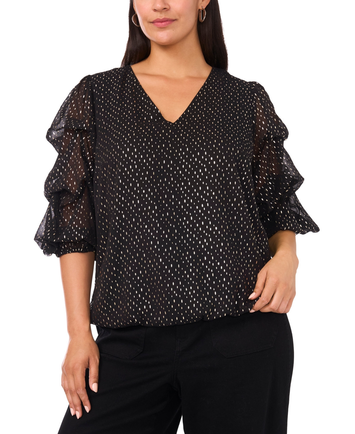 Vince Camuto Plus Size V-Neck Balloon Sleeve Printed Top - Black With Gold Embellishment | Macy's