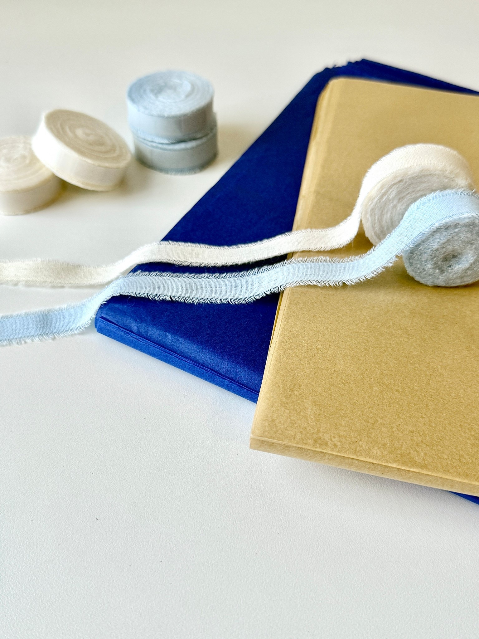 The prettiest wrapping, with simple tones and detailed ribbon. Navy, cream, kraft paper tan. Tissue paper and ribbons. 💙🤎🤍
#gifts #giftwrap #holidays #wrapping #stockup 

#LTKSeasonal #LTKParties #LTKFindsUnder50