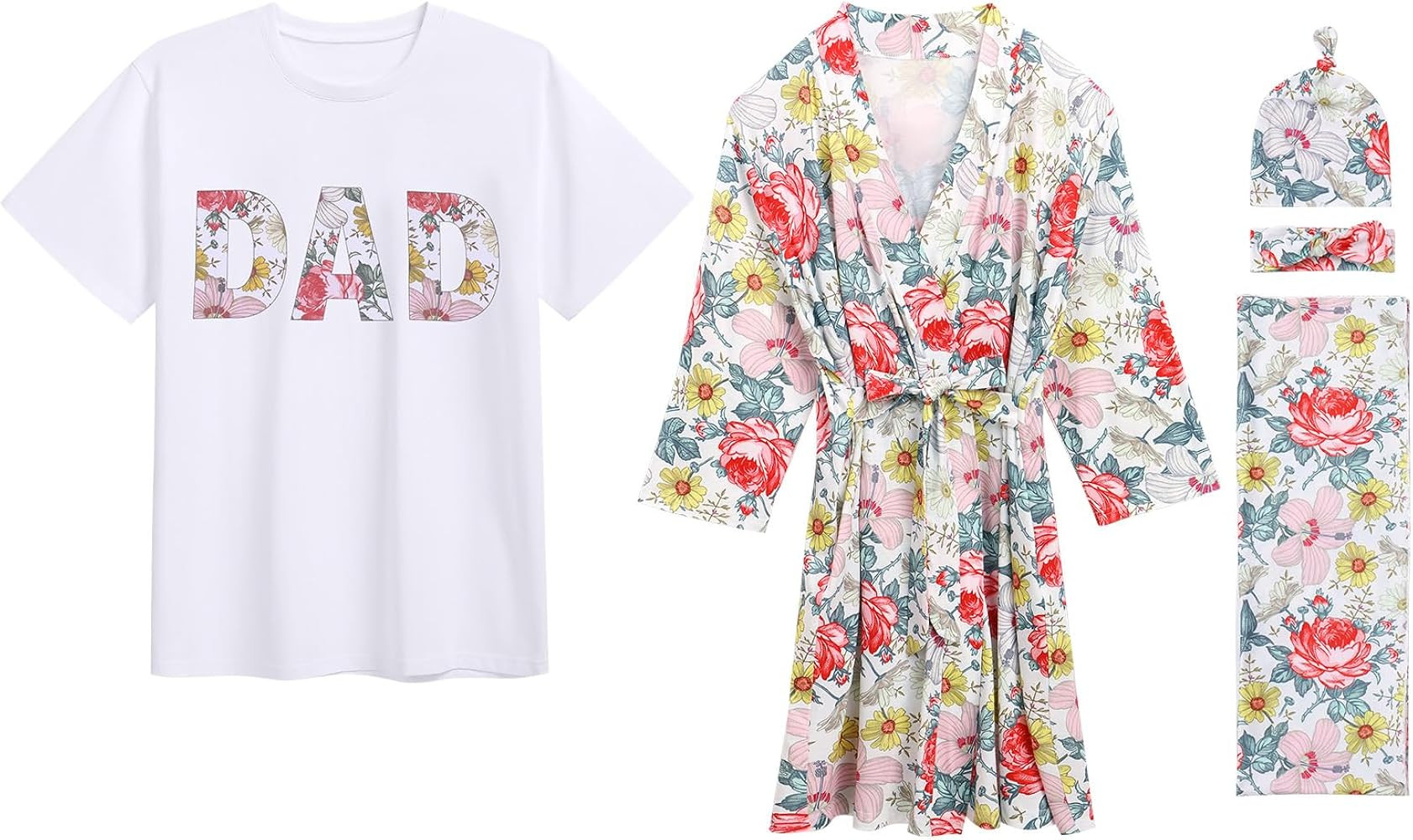 AWIBMK Mom and Me Robe and Swaddle Set and T-Shirt Hospital Labor Delivery Swaddling with Headban... | Amazon (US)