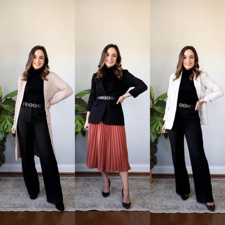 Capsule workwear outfits 

Pants petite 00 (also linked a similar option from Boden I wear in petite 2)
Skirt size small color brown 
Turtleneck xs 
Tan cardigan (cardigan dress) xs 
Black blazer petite 2 
Taupe blazer petite xxs 
Belt xxs 

Boots and heels are both true to size 