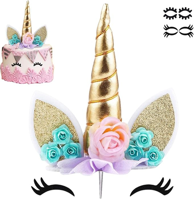 Zkptops Unicorn Cake Topper Birthday Party Supplies Unicorn Birthday Decorations Gold Horn Cake T... | Amazon (US)