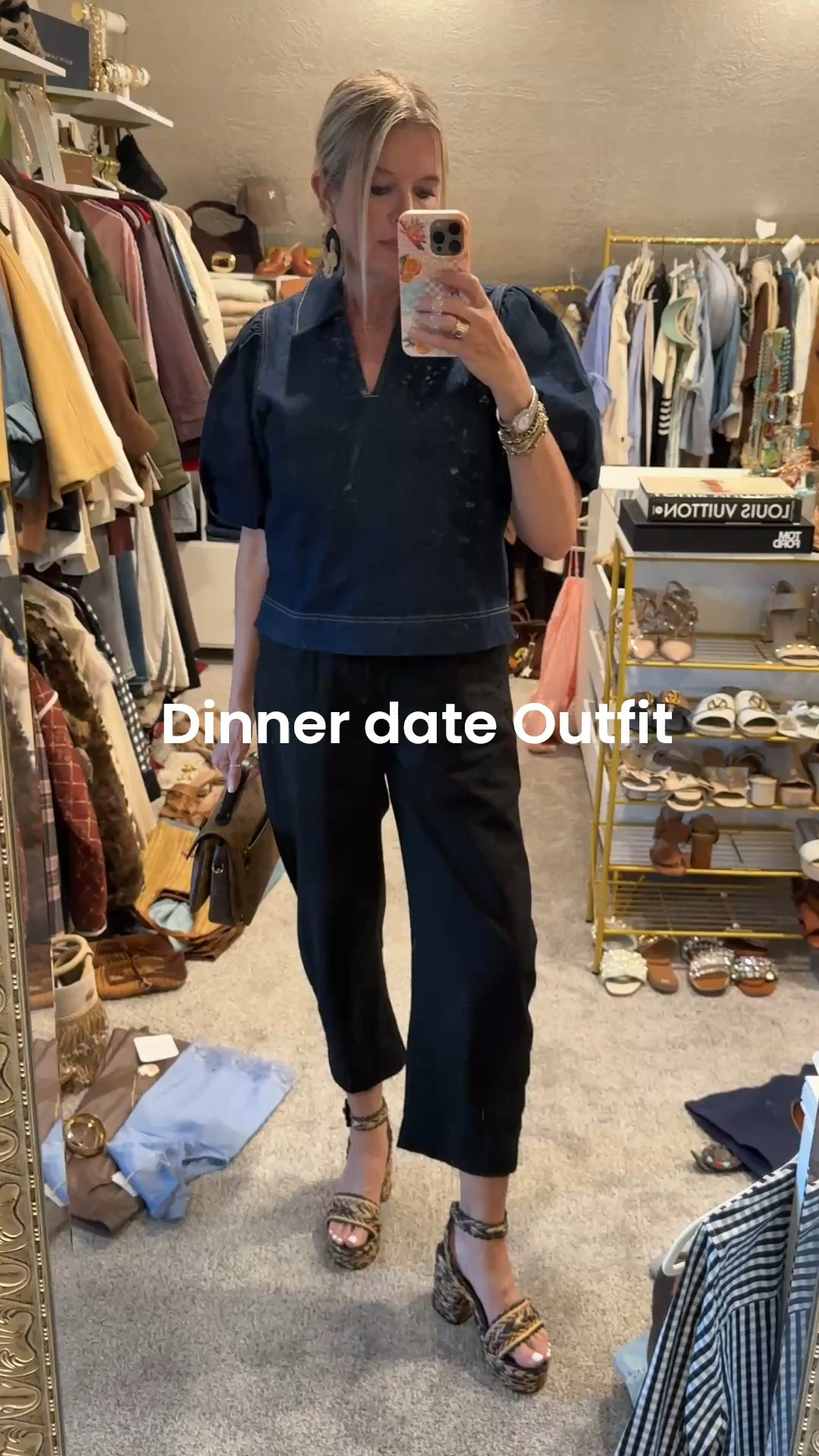 Dinner date outfit

I love this outfit.. it’s flattering and affordable 

A slightly barreled trouser with button zipper front detail and elastic back , linen and has pockets! 
So comfy and slot of colors 
I am wearing a med 

Denim puff sleeve top with collar, hits at perfect flattering length   On sale and I am wearing a small 

Sam Edelman block heel summer ratten  sandal tts on sale 

Large state ment earrings that tie in the sandals ratten

Louis Vuitton bag

Purchase or rent 
Get a month free with code DARCY

#LTKOver40 #LTKootd #LTKgrwm